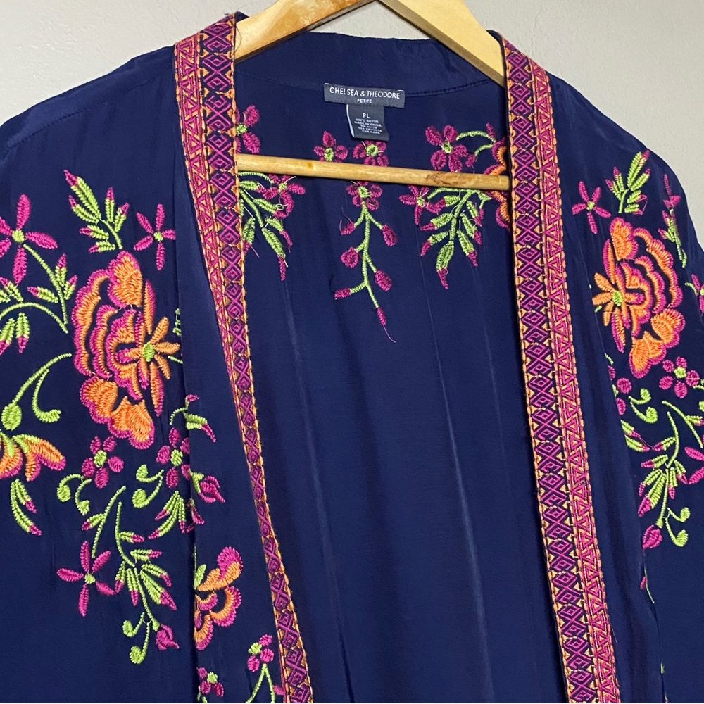 Chelsea & Theodore Open Front Kimono Women PL Navy Floral Embroidery Boho - Picture 3 of 10